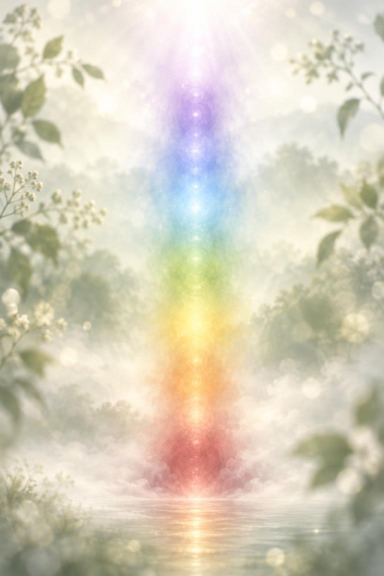 A soft vertical column of light rising through pale mist, blending the seven chakra colours from deep red at the base to violet and ethereal white at the top